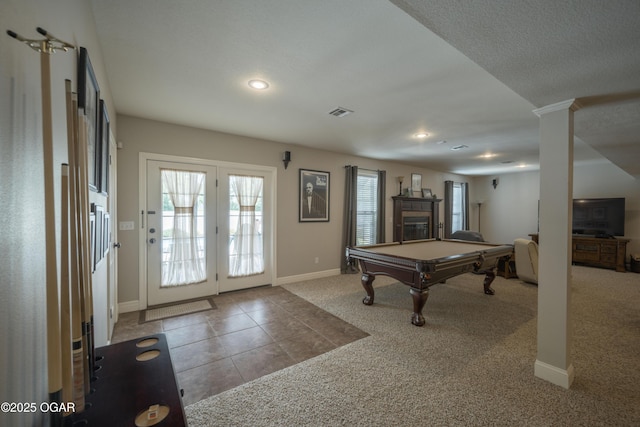 20951 Jasmine Ln, Webb City, MO 64870 - playroom featuring carpet floors, billiards, baseboards, recessed lighting, and tile patterned flooring