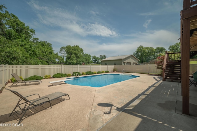 20951 Jasmine Ln, Webb City, MO 64870 - view of swimming pool featuring stairway, a patio area, a fenced backyard, and a diving board