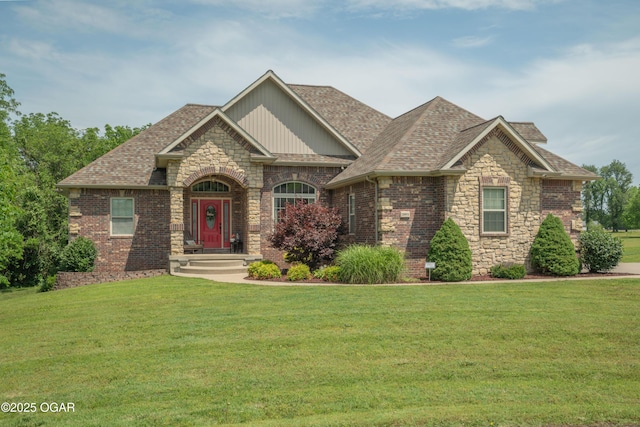 20951 Jasmine Ln, Webb City, MO 64870 - craftsman-style home featuring a front yard, stone siding, brick siding, and a shingled roof