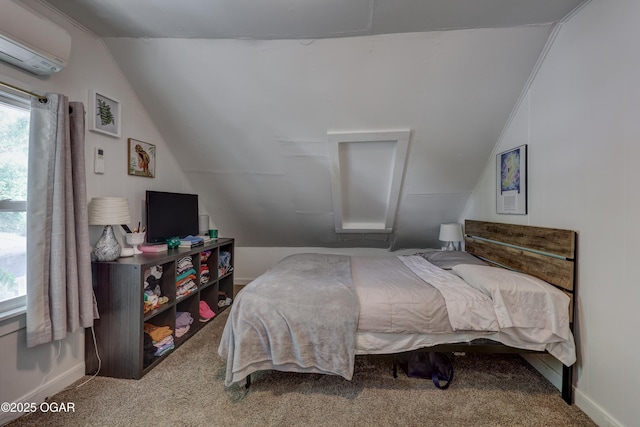514 S Brownell Ave, Joplin, MO 64801 - bedroom featuring lofted ceiling, a wall mounted air conditioner, carpet floors, and baseboards
