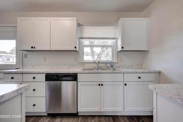 3124 Missouri Ave, Joplin, MO 64804 - kitchen featuring stainless steel dishwasher, a sink, white cabinets, and dark wood-style floors