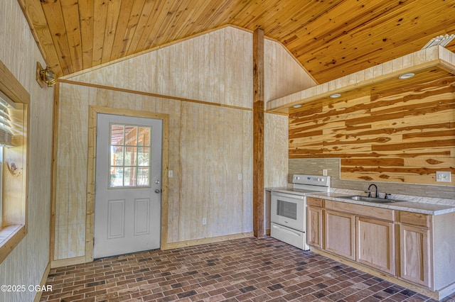 4850 S Chapel Rd, Carthage, MO 64836 - kitchen with white range with electric stovetop, vaulted ceiling, a sink, wood ceiling, and wooden walls