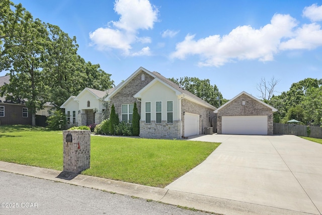 104 Van Dusen Dr, Carl Junction, MO 64834 - ranch-style home with stone siding, concrete driveway, a garage, stucco siding, and cooling unit