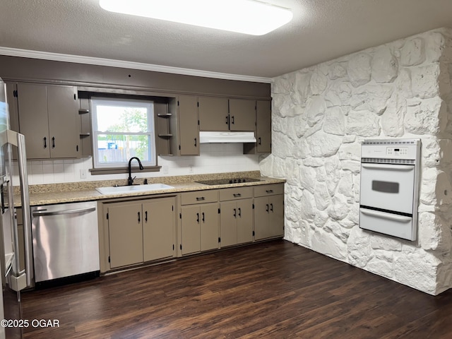 2119 S Main St, Carthage, MO 64836 - kitchen with dishwasher, a sink, a warming drawer, white oven, and under cabinet range hood