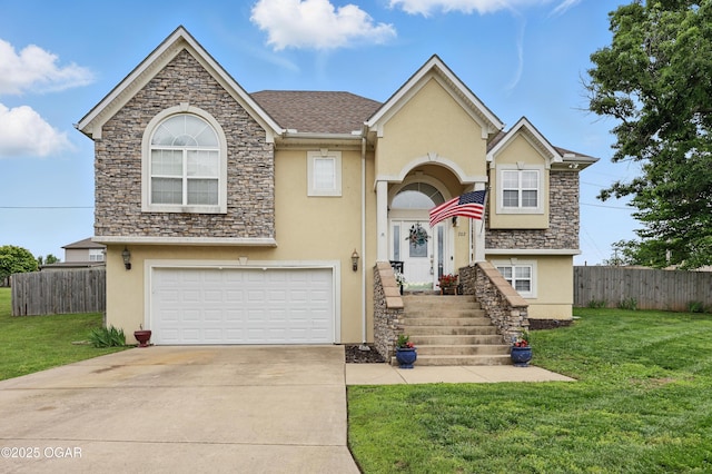 702 Copper Oaks Dr, Carl Junction, MO 64834 - view of front of house with stucco siding, an attached garage, concrete driveway, and stone siding