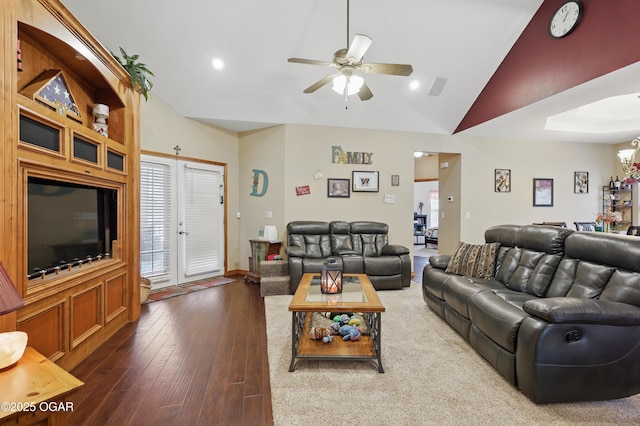 702 Copper Oaks Dr, Carl Junction, MO 64834 - living area featuring vaulted ceiling, a ceiling fan, dark wood finished floors, and recessed lighting