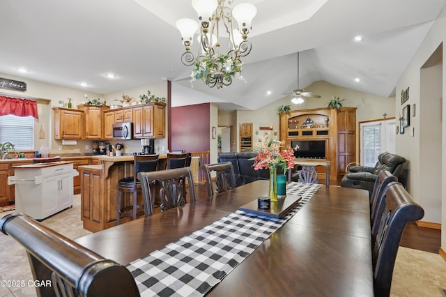 702 Copper Oaks Dr, Carl Junction, MO 64834 - dining space with plenty of natural light, ceiling fan, recessed lighting, lofted ceiling, and a chandelier