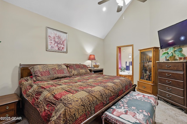 702 Copper Oaks Dr, Carl Junction, MO 64834 - bedroom featuring carpet flooring, high vaulted ceiling, ensuite bathroom, and a ceiling fan