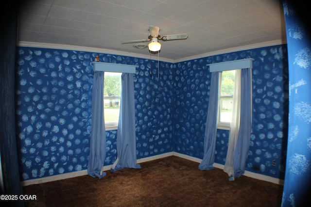 423 Mower St, Duenweg, MO 64841 - empty room with carpet, crown molding, a ceiling fan, and baseboards