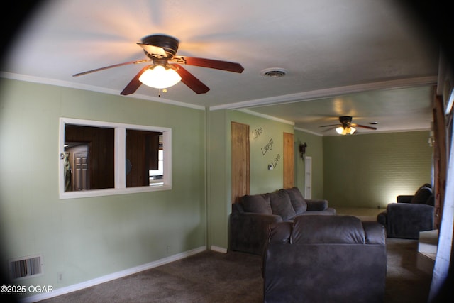 423 Mower St, Duenweg, MO 64841 - living room with ceiling fan, crown molding, carpet flooring, and baseboards