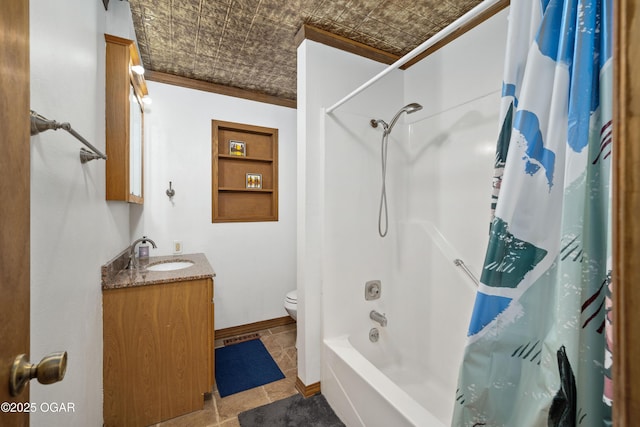 3431 Hawthorn Dr, Joplin, MO 64804 - full bathroom with ornamental molding, an ornate ceiling, vanity, toilet, and shower / tub combo