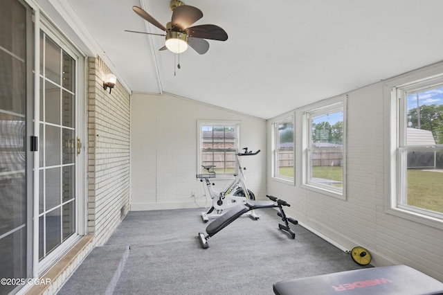 2722 Wisconsin Ave, Joplin, MO 64804 - exercise area featuring brick wall, vaulted ceiling, plenty of natural light, carpet, and ceiling fan