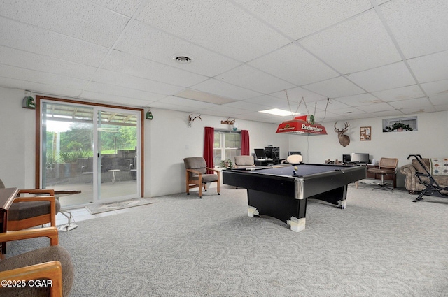 3759 Wheeler Branch Rd, Crane, MO 65633 - rec room featuring billiards table, carpet floors, and a paneled ceiling