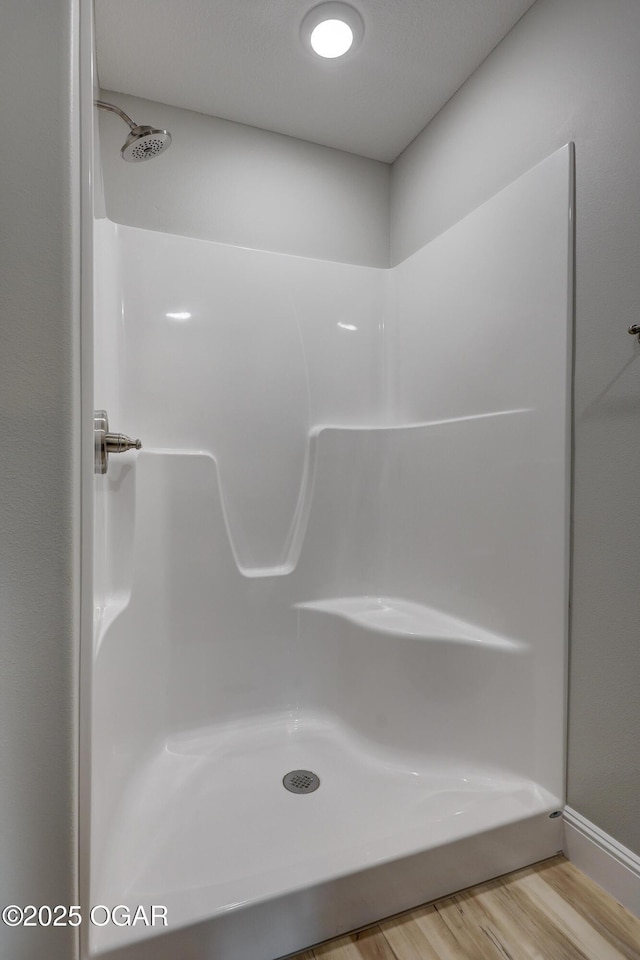 bathroom with wood finished floors and a shower