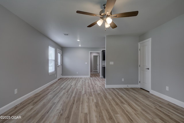 unfurnished room with ceiling fan, light wood-style flooring, and recessed lighting