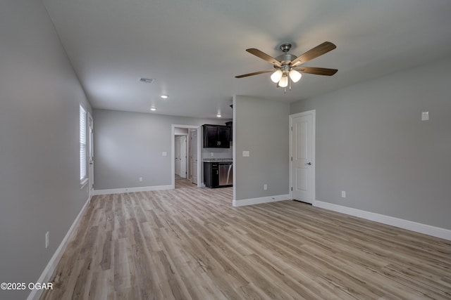 unfurnished living room with light wood-type flooring, ceiling fan, and recessed lighting