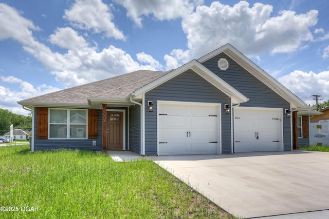 ranch-style house featuring a garage, concrete driveway, and a shingled roof