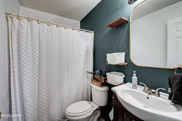 2413 Rolla St, Joplin, MO 64801 - bathroom with toilet, a textured ceiling, vanity, and curtained shower