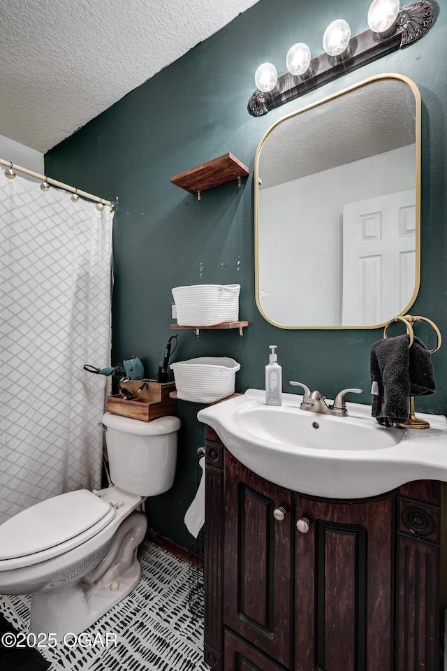 2413 Rolla St, Joplin, MO 64801 - bathroom featuring toilet, vanity, a textured ceiling, and a shower with curtain