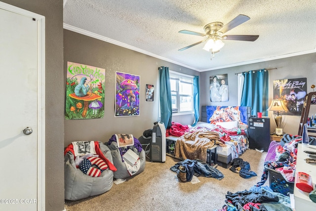 1426 Greenwood Blvd, Neosho, MO 64850 - bedroom with crown molding, carpet floors, a textured ceiling, and a ceiling fan