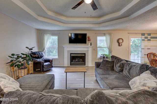 1241 Douglas Ct, Carthage, MO 64836 - living area featuring a tray ceiling, plenty of natural light, wood finished floors, and a ceiling fan
