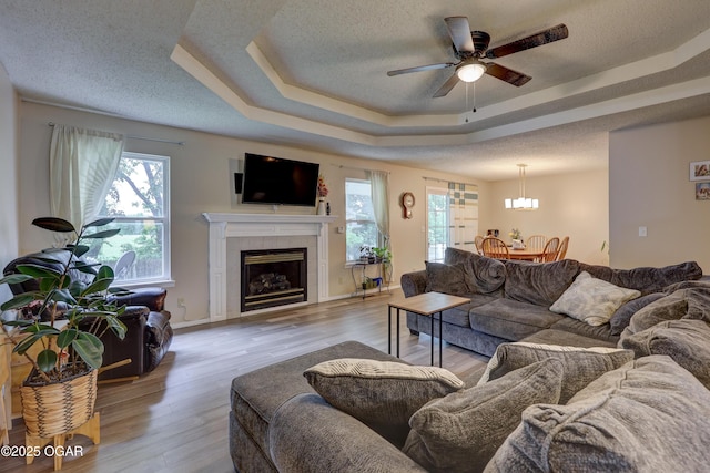 1241 Douglas Ct, Carthage, MO 64836 - living room featuring plenty of natural light, a tray ceiling, wood finished floors, ceiling fan, and a textured ceiling