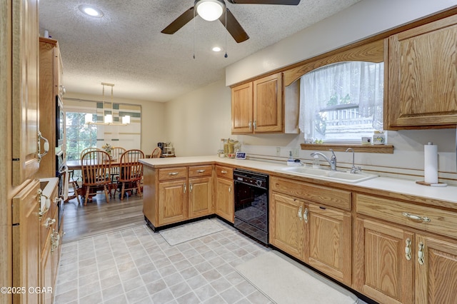 1241 Douglas Ct, Carthage, MO 64836 - kitchen featuring black dishwasher, a sink, a peninsula, a textured ceiling, and light countertops