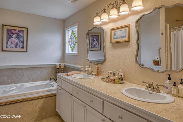 4430 E 26th St, Joplin, MO 64804 - bathroom featuring double vanity, a bath, tile patterned flooring, and a shower with shower curtain