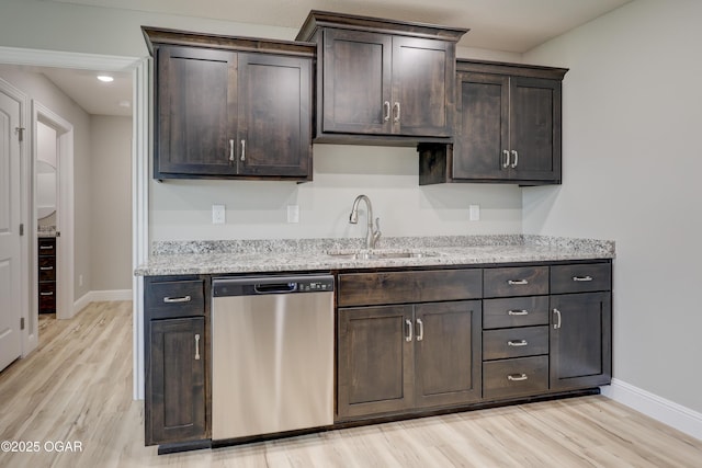 1919 Wisconsin Ave, Joplin, MO 64804 - kitchen with dishwasher, dark brown cabinetry, light wood-style flooring, light stone countertops, and recessed lighting