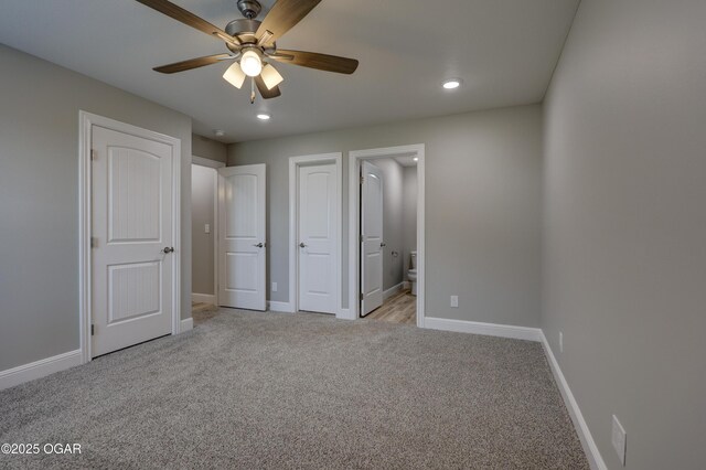 1919 Wisconsin Ave, Joplin, MO 64804 - unfurnished bedroom featuring light carpet, connected bathroom, recessed lighting, and a ceiling fan