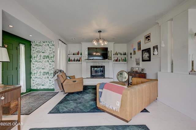 2101 N Florida Ave, Joplin, MO 64801 - living area with a chandelier, a brick fireplace, and recessed lighting