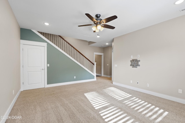 216 Timber Trail Dr, Joplin, MO 64804 - unfurnished living room with a ceiling fan, stairs, carpet floors, recessed lighting, and baseboards