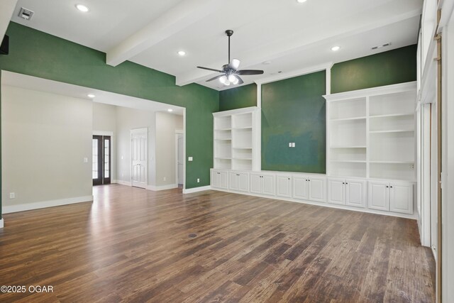 216 Timber Trail Dr, Joplin, MO 64804 - unfurnished living room featuring a ceiling fan, beamed ceiling, dark wood-type flooring, recessed lighting, and baseboards