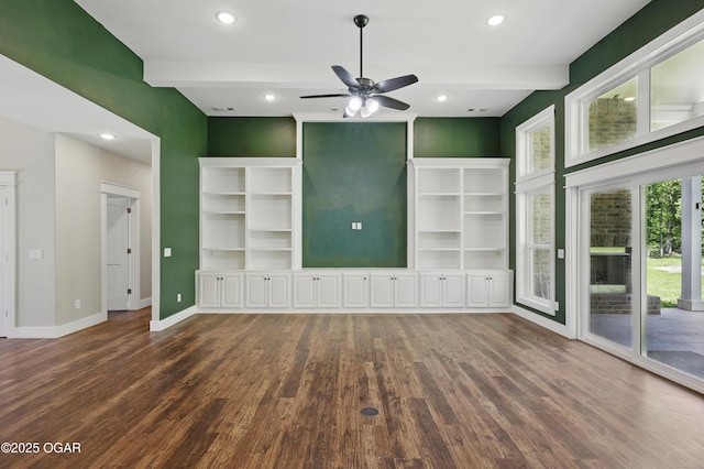 216 Timber Trail Dr, Joplin, MO 64804 - unfurnished living room featuring wood finished floors, ceiling fan, baseboards, beamed ceiling, and recessed lighting