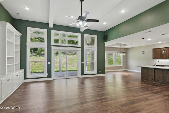 216 Timber Trail Dr, Joplin, MO 64804 - unfurnished living room with a ceiling fan, a sink, dark wood-style floors, recessed lighting, and baseboards
