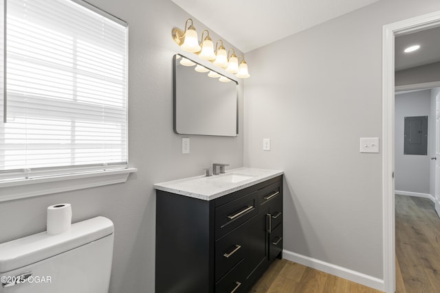 504 S Mckinley Ave, Joplin, MO 64801 - bathroom with electric panel, vanity, wood finished floors, toilet, and baseboards