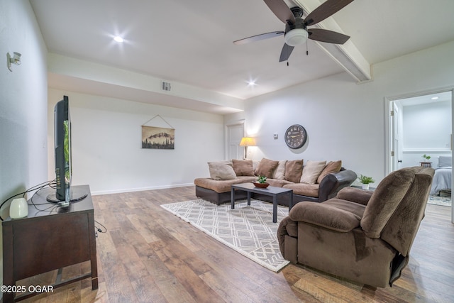 2010 Cherry St, Seneca, MO 64865 - living room with a ceiling fan, hardwood / wood-style flooring, beam ceiling, and recessed lighting