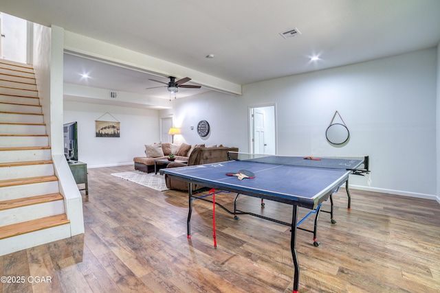 2010 Cherry St, Seneca, MO 64865 - game room featuring wood finished floors, a ceiling fan, baseboards, and recessed lighting