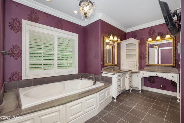 1704 Liam St, Carthage, MO 64836 - full bath with vanity, a whirlpool tub, tile patterned flooring, ornamental molding, and a chandelier