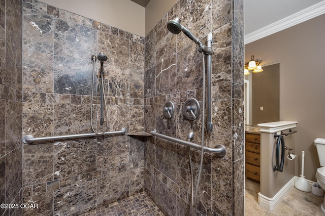 1704 Liam St, Carthage, MO 64836 - full bath featuring a shower stall, toilet, ornamental molding, and vanity