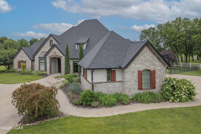 1704 Liam St, Carthage, MO 64836 - french country home with stone siding, stucco siding, a shingled roof, and driveway
