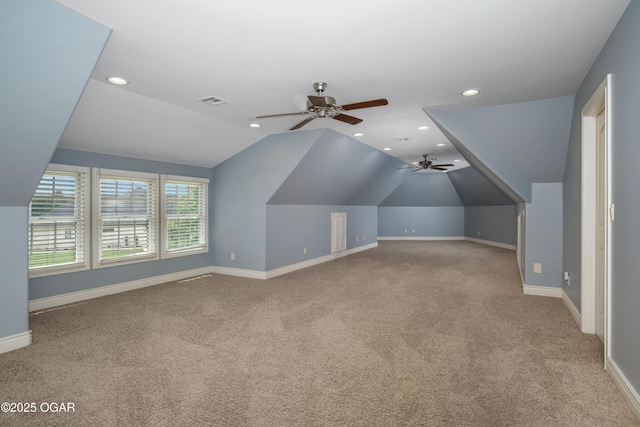 1704 Liam St, Carthage, MO 64836 - additional living space featuring carpet flooring, a ceiling fan, recessed lighting, baseboards, and vaulted ceiling