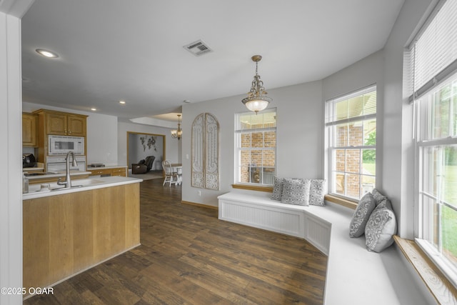 201 Canary Ln, Commerce, OK 74339 - kitchen featuring white microwave, light countertops, plenty of natural light, and recessed lighting