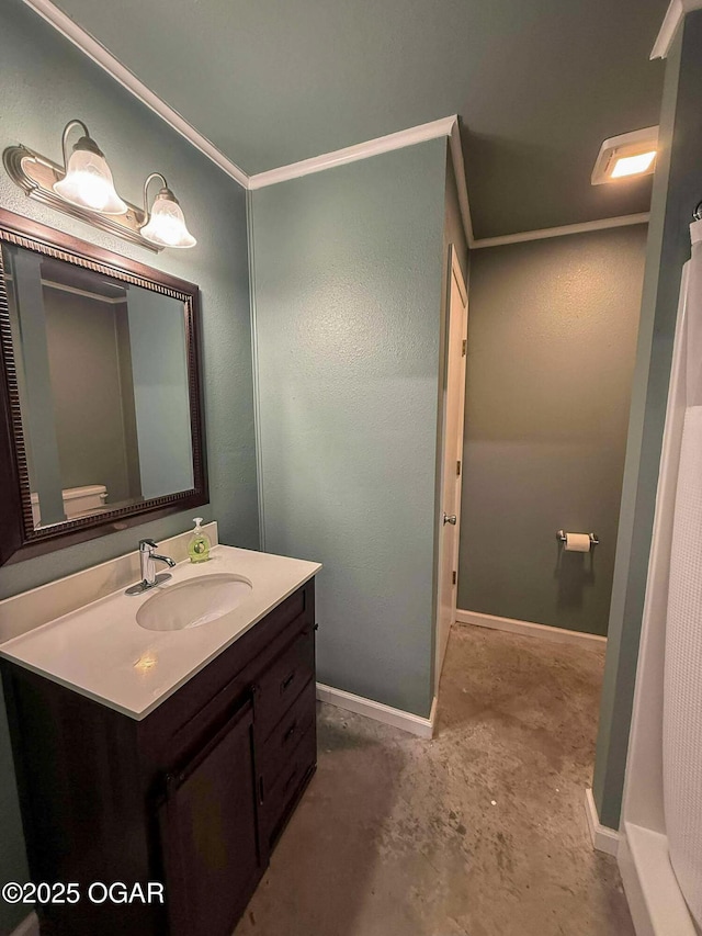 201 Canary Ln, Commerce, OK 74339 - full bath featuring vanity, concrete flooring, baseboards, crown molding, and toilet