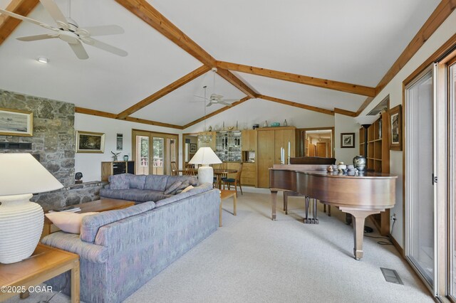 13495 Dogwood Rd, Carthage, MO 64836 - living room with a ceiling fan, light carpet, a fireplace, and baseboards
