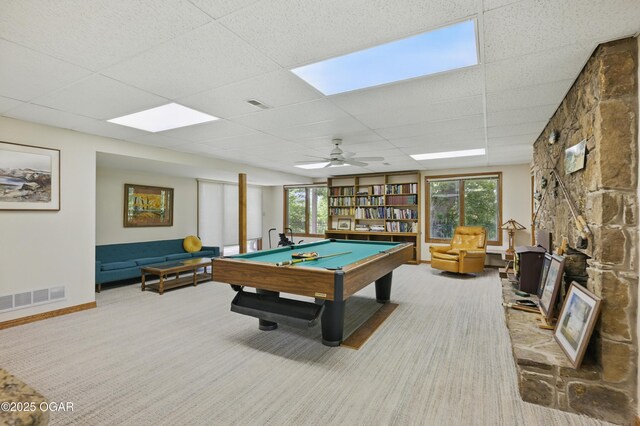 13495 Dogwood Rd, Carthage, MO 64836 - recreation room featuring a drop ceiling, carpet, billiards table, and healthy amount of natural light