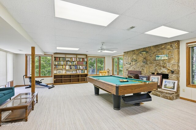 13495 Dogwood Rd, Carthage, MO 64836 - recreation room featuring carpet, baseboards, a paneled ceiling, billiards table, and plenty of natural light