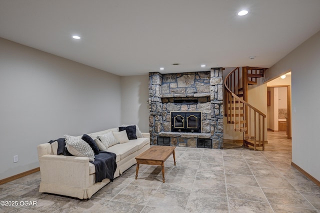 1330 Stoneledge Ln, Neosho, MO 64850 - living room with stairs, baseboards, a stone fireplace, and recessed lighting