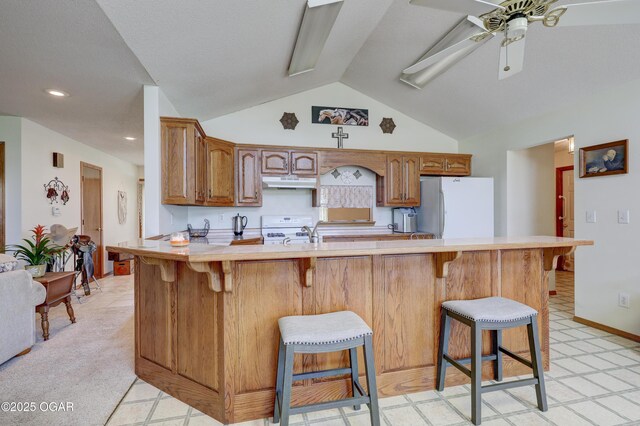 16050 Alford Ln, Diamond, MO 64840 - kitchen featuring white appliances, under cabinet range hood, light countertops, brown cabinets, and a breakfast bar area