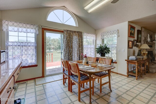 16050 Alford Ln, Diamond, MO 64840 - dining space with plenty of natural light, vaulted ceiling, light floors, and a textured ceiling